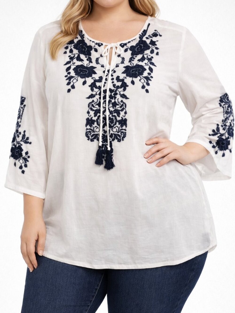 Pia Rossini White & black Embriodered Long Sleeve Blouse, 1990s vibe -Large size